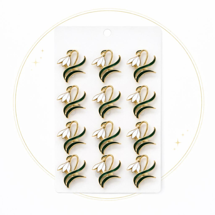 Set 12 brose Martisor pe carton prezentare, 17x10 cm, Cadou 1 Martie, Ghiocel auriu / negru [2]