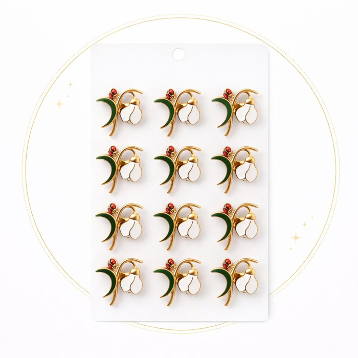 Set 12 brose Martisor pe carton prezentare, 17x10 cm, Cadou 1 Martie, Ghiocel cu buburuza [2]