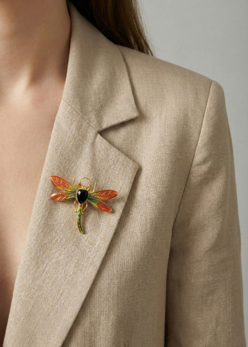 Set 12 brose Martisor pe carton prezentare, 17x10 cm, Cadou 1 Martie, Libelula auriu / portocaliu [3]