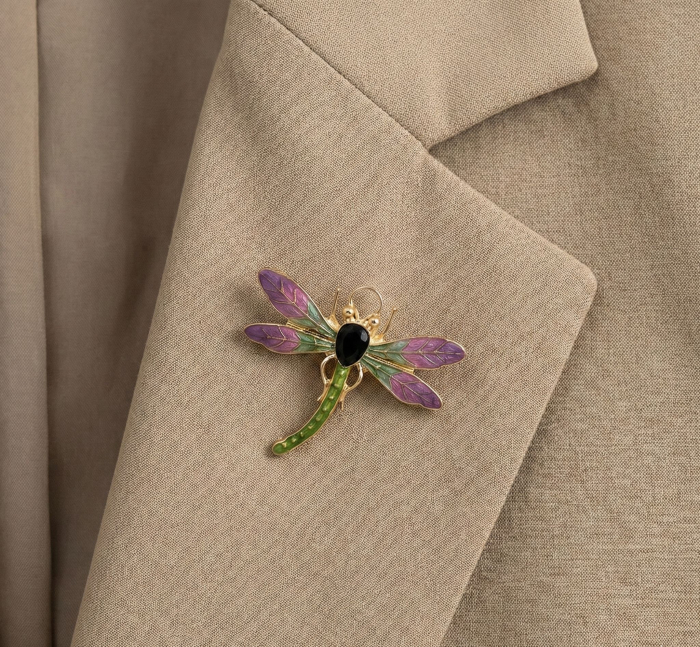 Set 12 brose Martisor pe carton prezentare, 17x10 cm, Cadou 1 Martie, Libelula verde / mov [3]