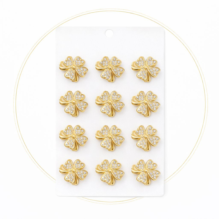 Set 12 brose Martisor pe carton prezentare, 17x10 cm, Cadou 1 Martie, Trifoi auriu cu strasuri [2]