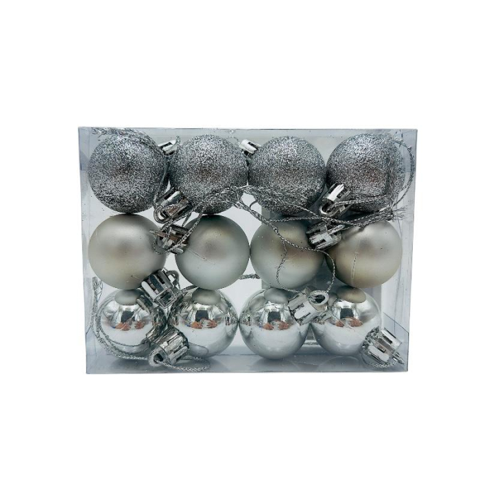 Set 12 globuri de Craciun pentru brad – 11x9x3cm, nuanta argintiu, finisaj lucios/satinat/ sclipici [1]