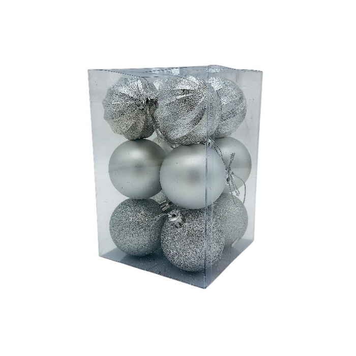 Set 12 globuri de Craciun pentru brad – 17x11.5x11.5cm, nuanta argintiu, finisaj mat/lucios/sclipici [3]