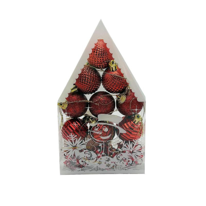 Set 12 globuri de Craciun pentru brad –20x12x4cm, nuanta rosu, ambalaj in forma de casuta, finisaj lucios/satinat/ sclipici [1]