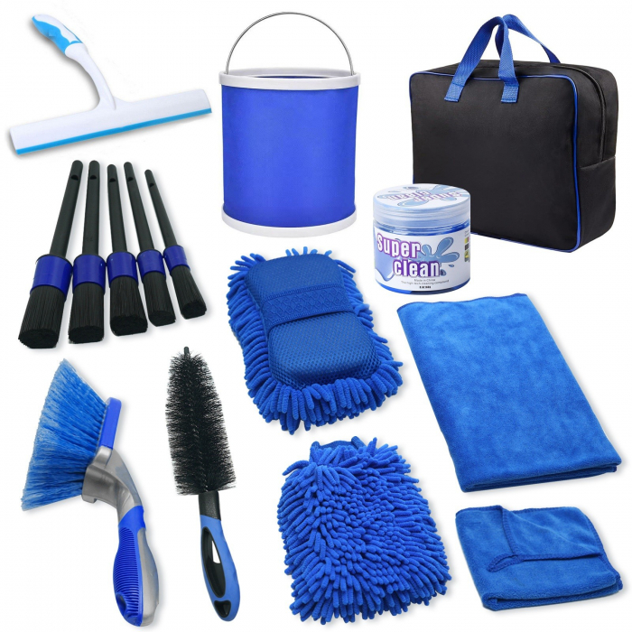 Set 15 Accesorii pentru Curatare Auto, , din PP si Microfibra, Interior/Exterior, 30 x 24 x 12 cm, Albastru/Negru [1]