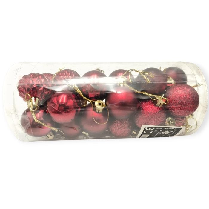 Set 24 globuri de Craciun pentru brad –20x9x9cm, nuanta bordo, finisaj lucios/satinat/ sclipici [1]