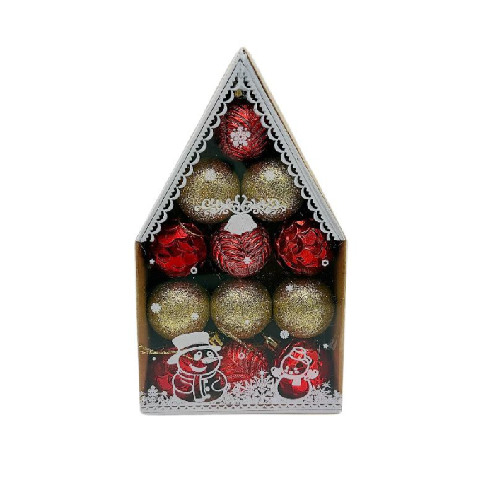 Set 12 globuri de Craciun pentru brad –20x12x4cm, nuanta rosu+auriu, ambalaj in forma de casuta, finisaj lucios/satinat/ sclipici [1]