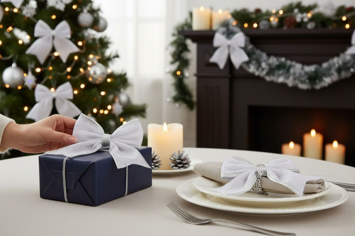 Set 3 Fundite Craciun Argintii cu Sclipici – Pentru Brad Coronite si Cadouri 35x13cm [2]