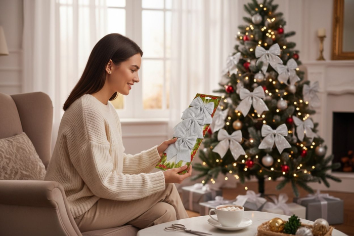 Set 3 Fundite Craciun Argintii cu Sclipici – Pentru Brad Coronite si Cadouri 35x13cm [3]