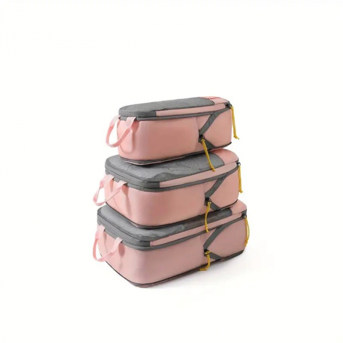 Set 3 Genti de Calatorie , Pentru Depozitare, Compresibile, 3 Dimensiuni, Mic, Mediu, Mare, Impermeabile, Fermoar Dublu, Roz [4]