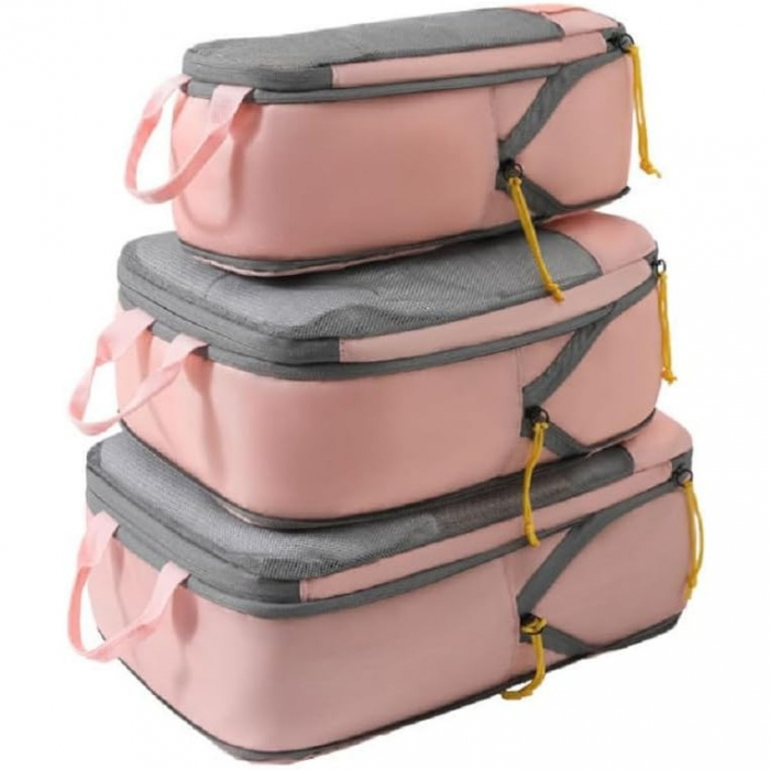Set 3 Genti de Calatorie , Pentru Depozitare, Compresibile, 3 Dimensiuni, Mic, Mediu, Mare, Impermeabile, Fermoar Dublu, Roz [6]