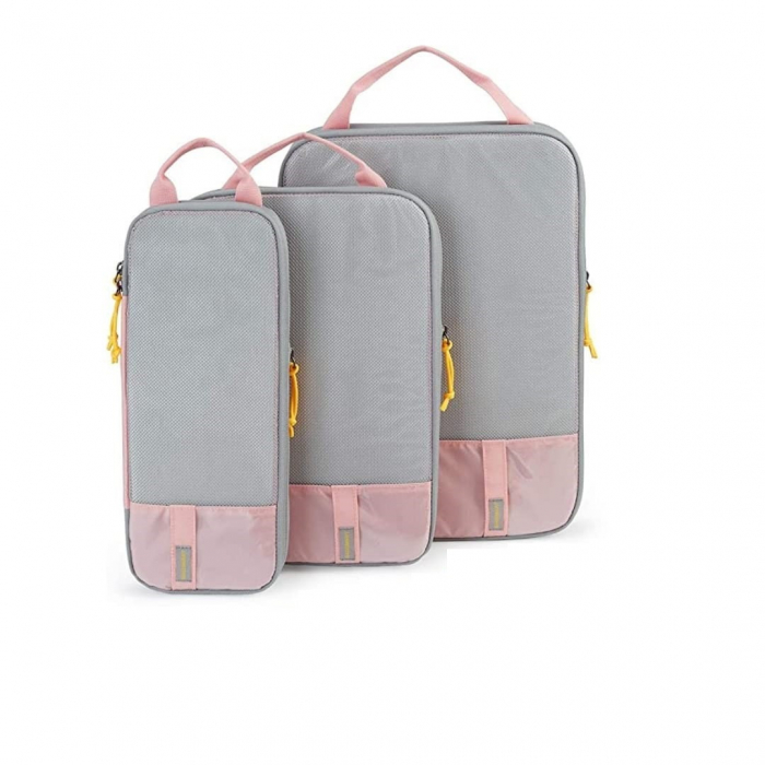 Set 3 Genti de Calatorie , Pentru Depozitare, Compresibile, 3 Dimensiuni, Mic, Mediu, Mare, Impermeabile, Fermoar Dublu, Roz [2]