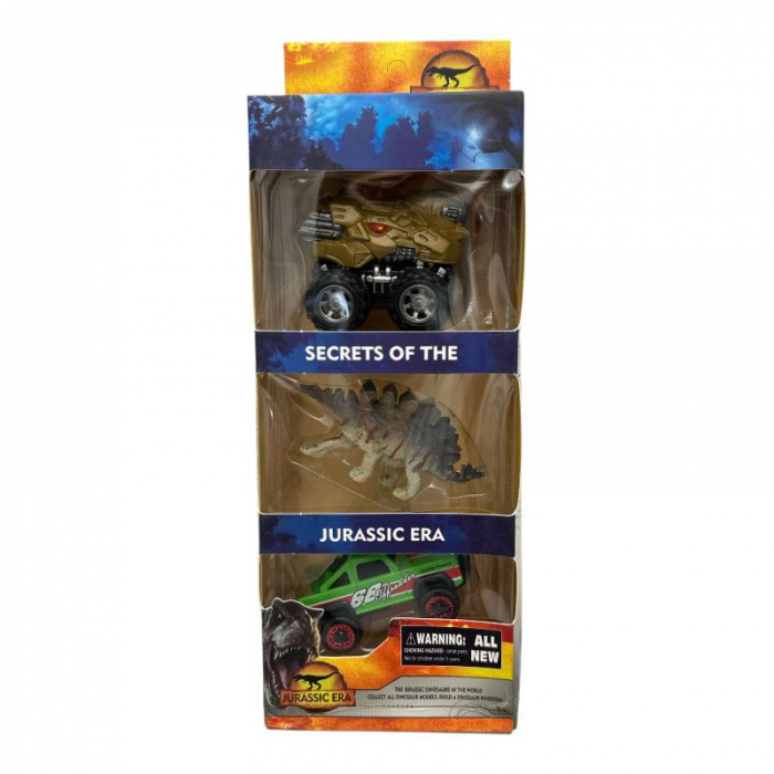 Set 3 piese jucarie din plastic – 2 masinute si 1 dinozaur multicolor, culori combinate, Calitate Superioara,  [4]