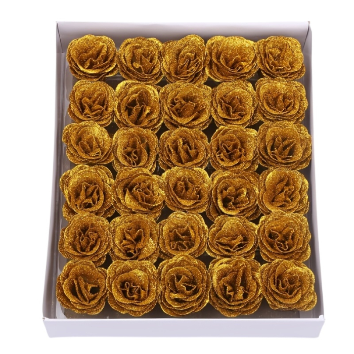 Set 30 trandafiri decorativi gold supreme cu sclipici, pe sarma – pentru aranjamente si brad [2]