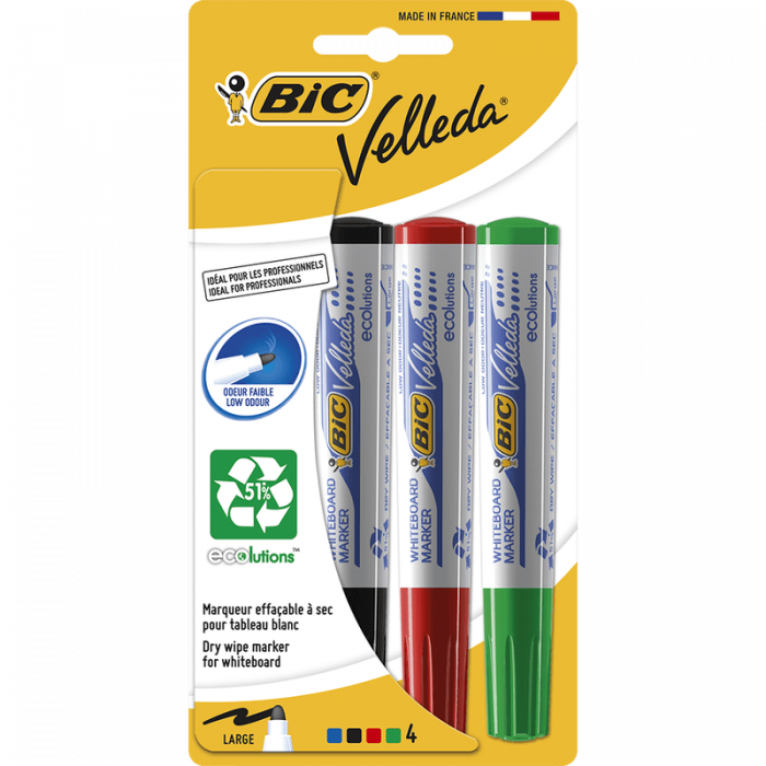 Set 4 Markere pentru tabla Bic Vellada, 4 culori – rosu, verde, albastru si negru, usor de sters,  [2]