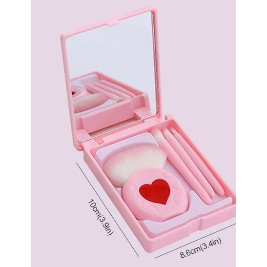 Set 4 Mini Pensule de Machiaj, , Portabile, in Carcasa cu Oglinda, din Par Sintetic Moale, Roz, Model cu Inima, 12x7x2.5 cm [2]