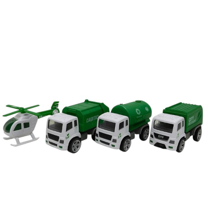 Set 4 Vehicule City Sanitation BQ Pull-Back – Camioane Gunoi Reciclare Elicopter Jucarie Copii 3+ [2]