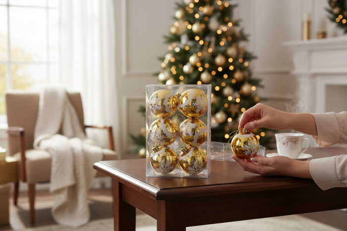 Set 6 Globuri Craciun Auriu pentru Brad – Finisaj Lucios si Detalii Sclipici Elegante [3]