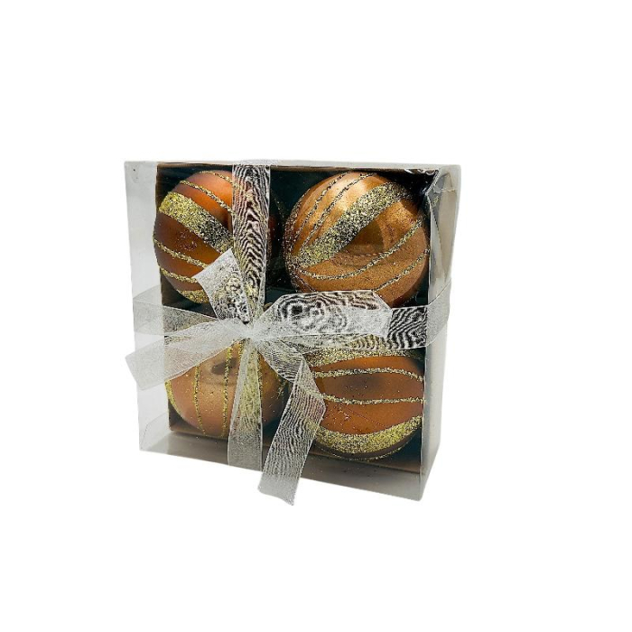 Set 4 globuri de Craciun pentru brad – 16x16x7cm, nuanta auriu, finisaj lucios/detalii sclipici , ambalaj cu fundita [2]