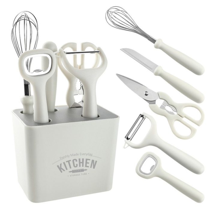 Set 6 ustensile bucatarie , cu suport inclus, desfacator, curatator legume, foarfeca, cutit, tel, ABS si inox, alb [1]