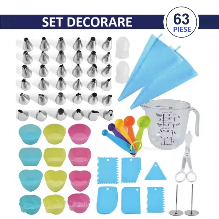 Set 63 Piese Ustensile pentru Ornare Prajituri, , din Plastic si Otel Inoxidabil, Forme Briose, Multicolor [4]