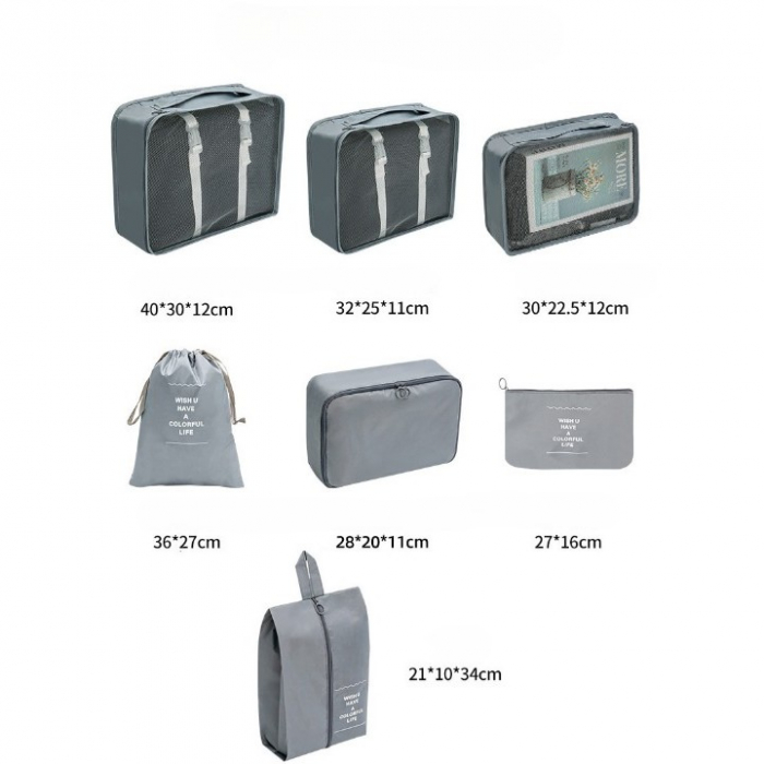 Set 7 Genti de Calatorie, , pentru Depozitare, Compresibile, 7 Dimensiuni, Impermeabile, Design cu Plasa, Pliabile, Manere Robuste, Fermoar dublu, Gri [6]