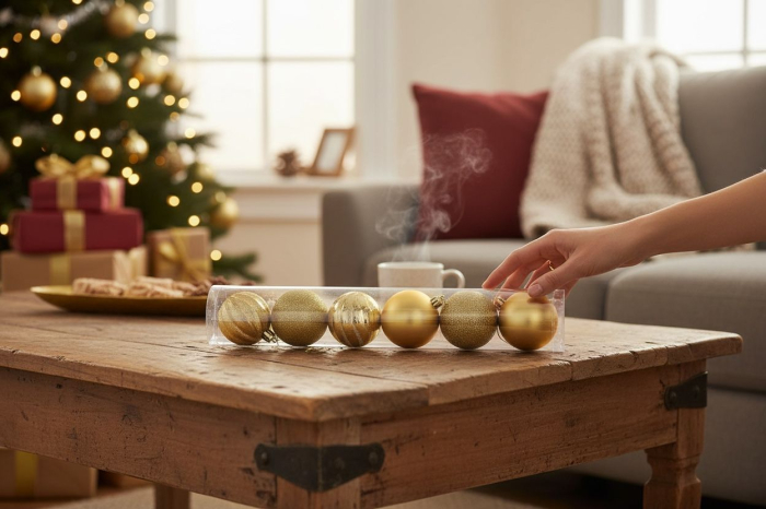 Set 7 globuri Craciun auriu 40x6 cm finisaj mat lucios sclipici [2]