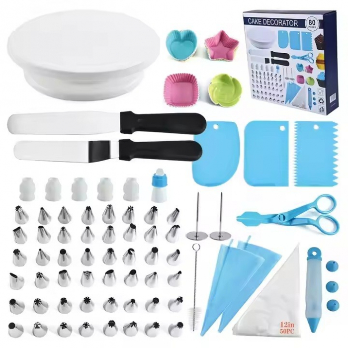 Set 80 Piese Ustensile pentru Ornare Prajituri, , din Plastic si Otel Inoxidabil, Forme Briose, Multicolor [1]