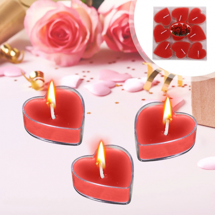 Set 9 Lumanari in Forma de Inima, , pentru Ziua Indragostitilor, Aroma de Capsuni, Ardere 3.5 h, din Parafina, 4 x 2 cm, Rosu [5]