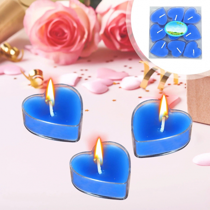 Set 9 Lumanari in Forma de Inima, , pentru Ziua Indragostitilor, Aroma Tropicala, Ardere 3.5 h, din Parafina, 4 x 2 cm, Albastru [5]