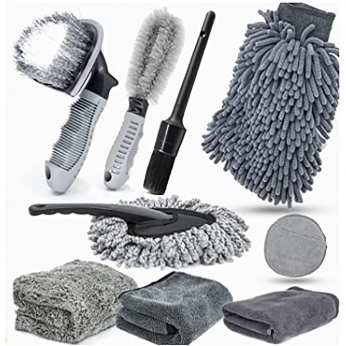 Set 9 Piese pentru Spalat Auto, , din Plastic si Microfibra, Perii si Lavete, Model B, Gri [3]