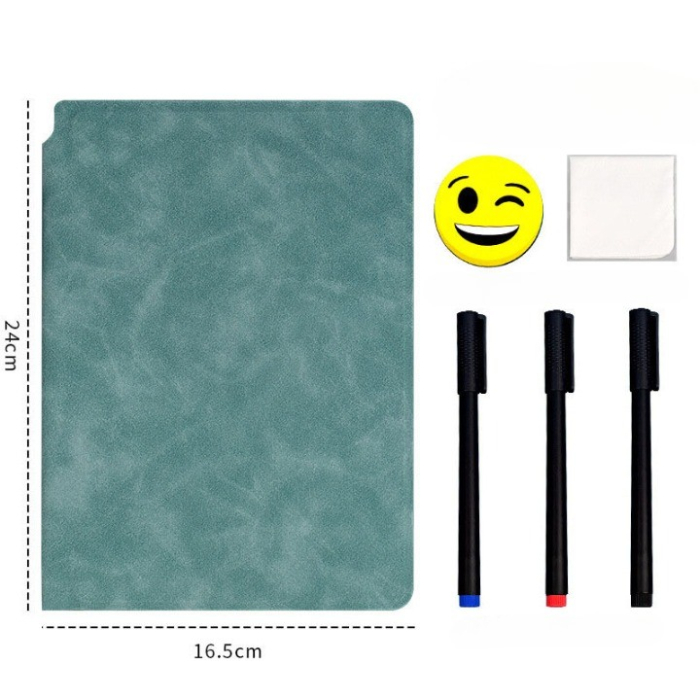 Set Agenda A5 Reutilizabila cu Pagini Tip Tabla, Agenda Pagini Albe cu Stergere Uscata, 3 Markere, 1 Burete și 1 Laveta de sters, Portabila, 24 x 16.5 cm, Coperta Piele, Verde [5]