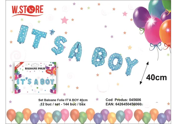 Set baloane din folie IT'S A BOY, 40cm, culoare albastru deschis, decor pentru baby shower si petreceri de bun venit,  [1]