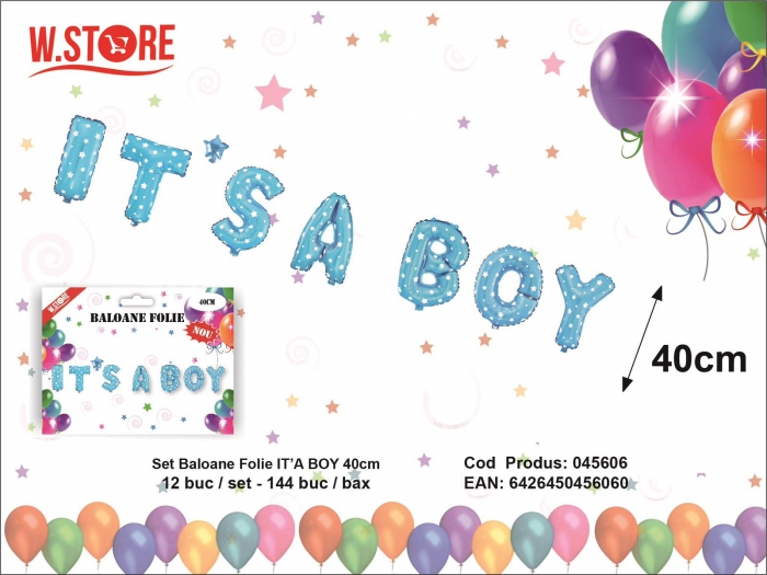 Set baloane din folie IT'S A BOY, 40cm, culoare albastru deschis, decor pentru baby shower si petreceri de bun venit,  [2]