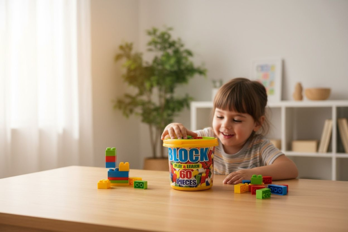 Set Blocuri de Construit Play & Learn – 60 Piese – Galetusa din Plastic, 13x13cm [2]