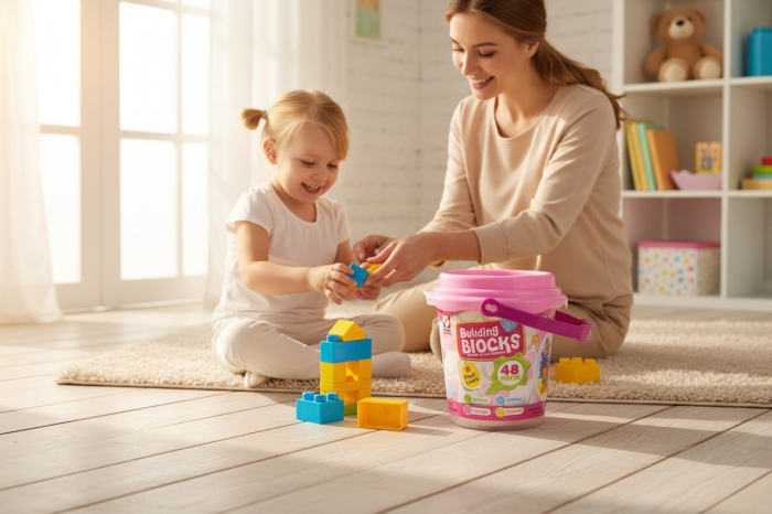 Set Blocuri de Construit Building Blocks – 48 Piese – Galetusa din Plastic, 18x17cm [2]