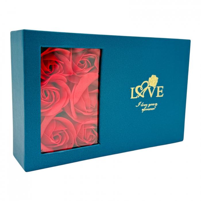 Set cadou, aranjament floral cu 6 trandafiri de sapun, compartiment pentru cadouri si punguta premium  [5]