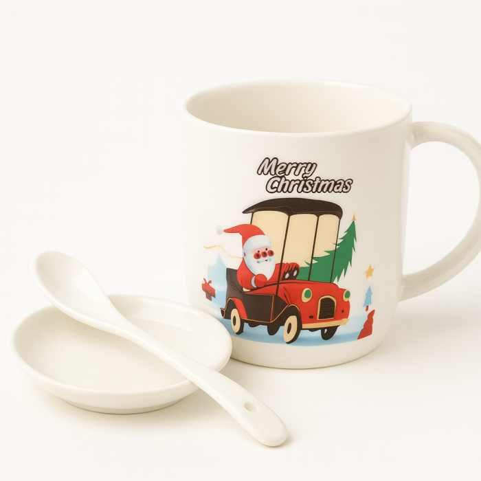 Set Cana Ceramica cu Lingurita si Farfuriuta, Tematica de Craciun, în Cutie Cadou –17.5x15x9cm [3]