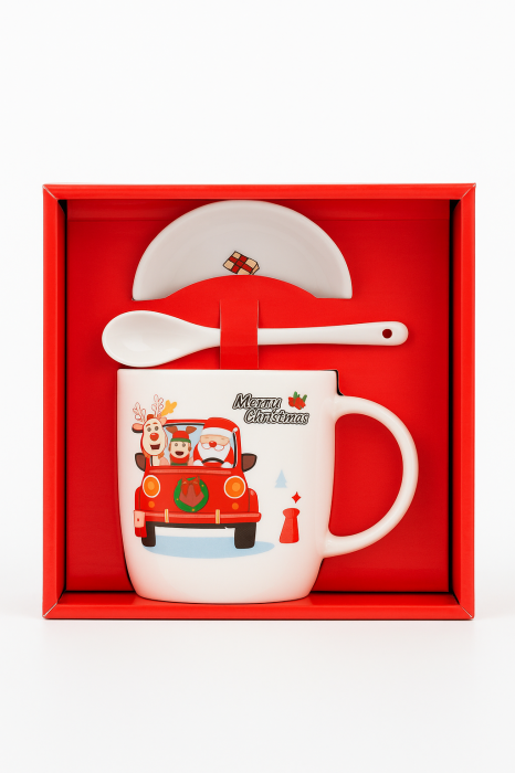 Set Cana Ceramica cu Lingurita si Farfuriuta, Tematica de Craciun, în Cutie Cadou –17.5x15x9cm [2]