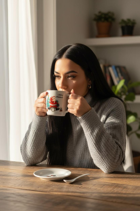 Set Cana Ceramica cu Lingurita si Farfuriuta, Tematica de Craciun, în Cutie Cadou –17.5x15x9cm [2]