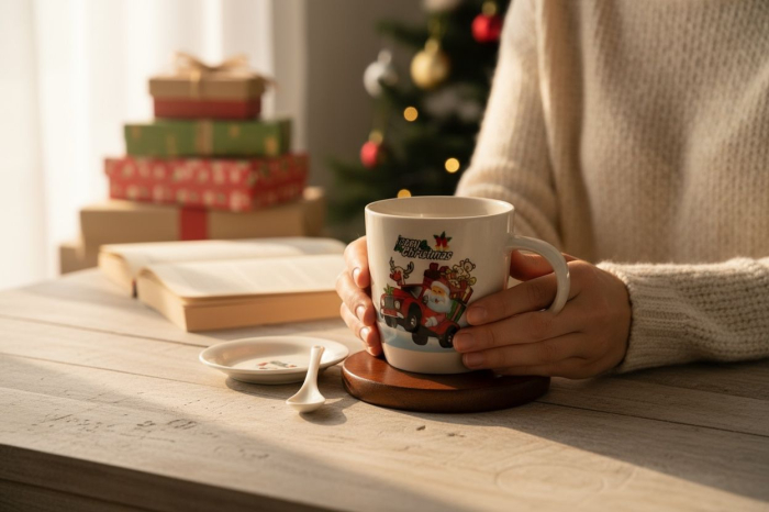 Set Cana Ceramica cu Lingurita si Farfuriuta, Tematica de Craciun, în Cutie Cadou –17.5x15x9cm [2]