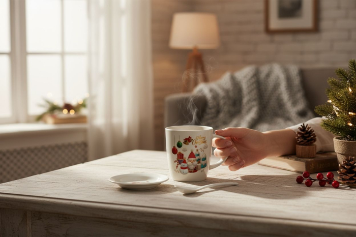 Set Cana Ceramica cu Lingurita si Farfuriuta, Tematica de Craciun, în Cutie Cadou –17.5x15x9cm [3]