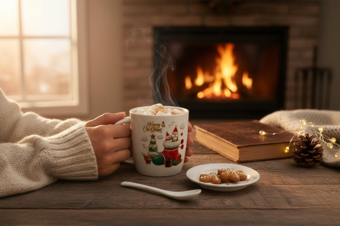 Set Cana Ceramica cu Lingurita si Farfuriuta, Tematica de Craciun, în Cutie Cadou –17.5x15x9cm [3]