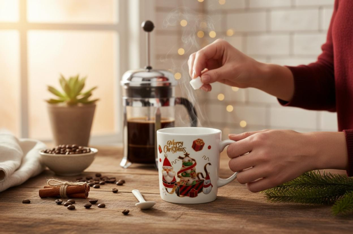 Set Cana Ceramica cu Lingurita si Farfuriuta, Tematica de Craciun, în Cutie Cadou –17.5x15x9cm [2]