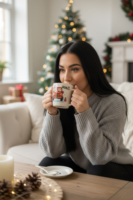 Set Cana Ceramica cu Lingurita si Farfuriuta, Tematica de Craciun, în Cutie Cadou –17.5x15x9cm [3]