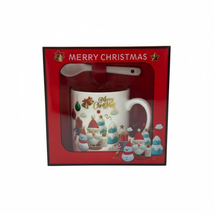 Set Cana Ceramica cu Lingurita, Tematica de Craciun, în Cutie Cadou – 14x14x8.5cm [1]