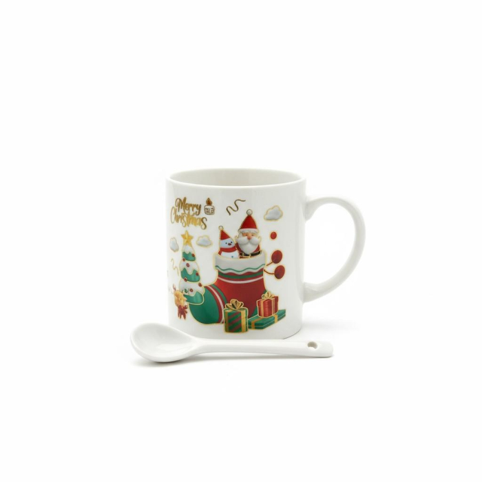 Set Cana Ceramica cu Lingurita, Tematica de Craciun, în Cutie Cadou – 14x14x8.5cm [4]