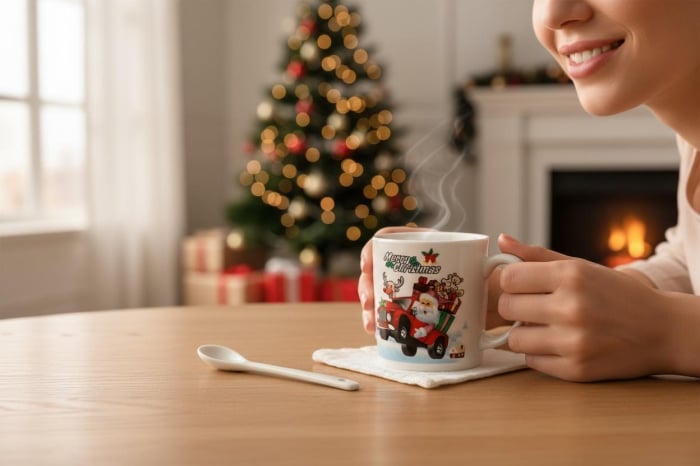 Set Cana Ceramica cu Lingurita, Tematica de Craciun, în Cutie Cadou – 14x14x8.5cm [2]