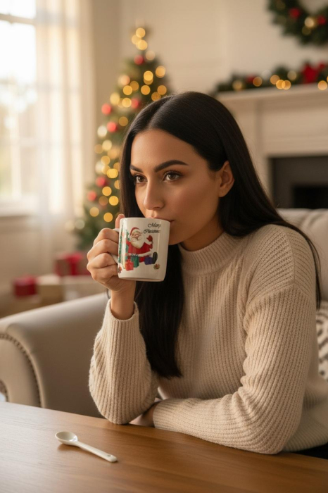 Set Cana Ceramica cu Lingurita, Tematica de Craciun, în Cutie Cadou – 14x14x8.5cm [2]