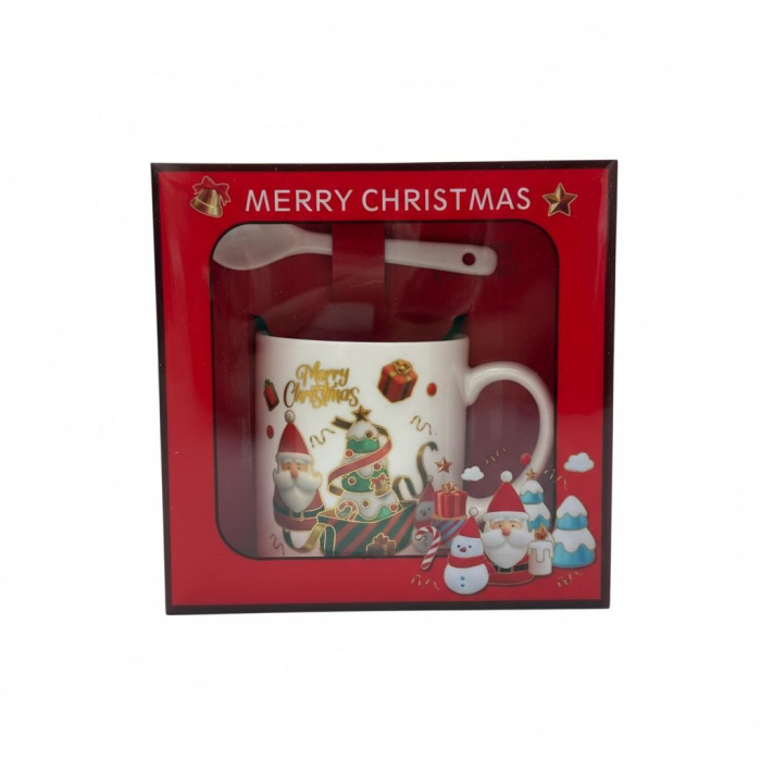 Set Cana Ceramica cu Lingurita, Tematica de Craciun, în Cutie Cadou – 14x14x8.5cm [1]